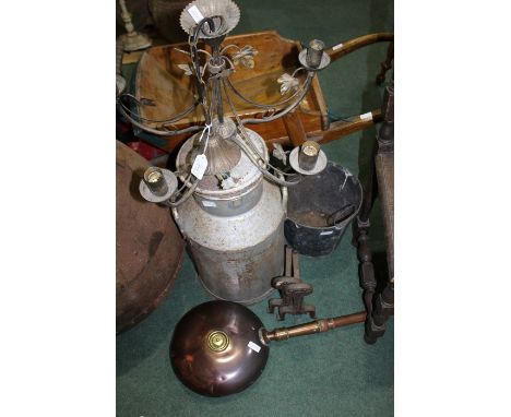 Metal milk churn, pair of fire dogs, coal bucket, copper and brass warming pan, five branch light fitting (6)