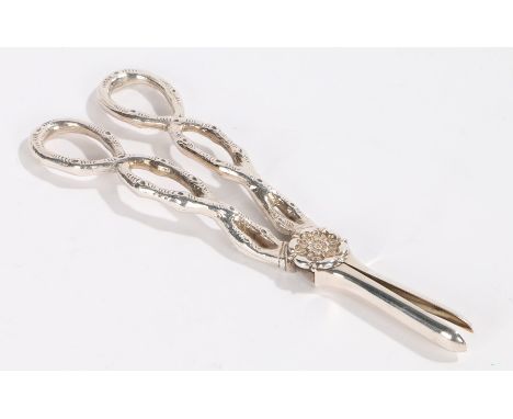 Elizabeth II silver grape scissors, Birmingham 1992, maker C Ltd, with pierced branch effect handles and flower head central 