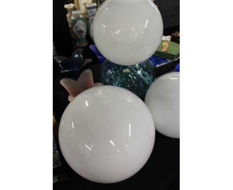 Glass lamp shade domes, together with three vases 