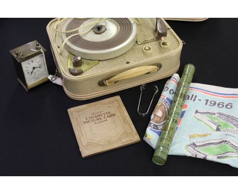 Westminster record player, Price's coloured tappers cylindrical tin, World Cup 1966 tea towel, pair of sugar tongs, carriage 