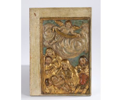 Flemish polychrome decorated carved panel, depicting baby Jesus with followers, an angel in the clouds above, 28cm x 40cm
