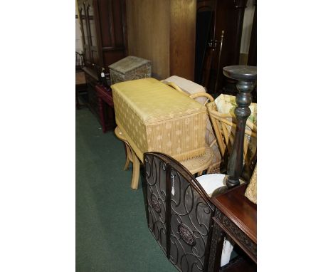 Three wicker side tables, a fireguard, torchere stand, brass basket, ottoman and a log basket (7) 