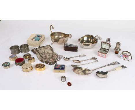 Collection of pill and trinket boxes, also together with a porcelain box housing scent bottles, a purse, two silver rings, si