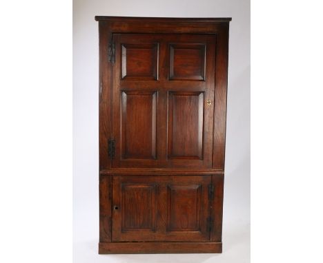 George III oak corner cabinet, the concave cornice above a four panel door enclosing shelves above a two panel door to the lo