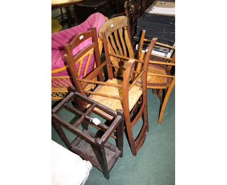 Oak stick stand, three bedroom chairs, dining chair (5)