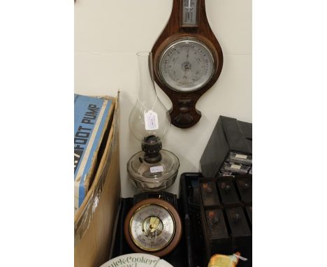 Oak cased barometer thermometer, circular barometer, oil lamp with cast iron base (3)