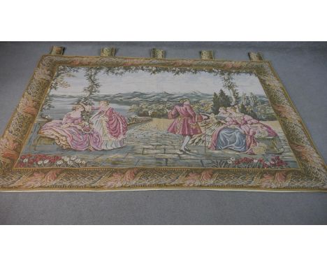 A 20th century French or Belgian machine woven tapestry, depicting 18th century nobles at leisure. L.200 W.136cm 