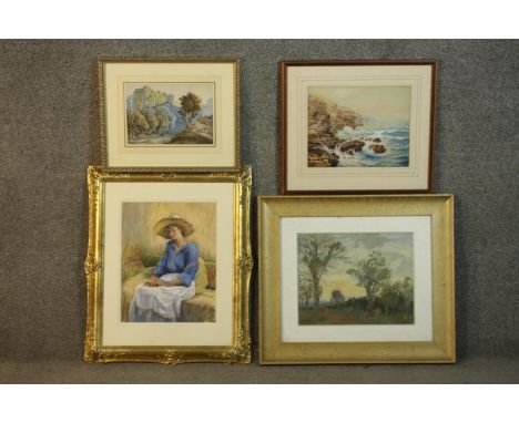 A framed and glazed pastel of a farm girl, monogramed RWA, along with two prints of landscapes and an unsigned watercolour of