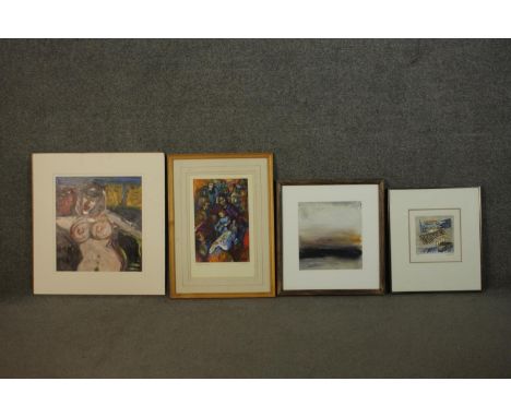 Two framed and glazed signed limited prints, Iris Blain and a harbour scene indistinctly signed along with a landscape waterc