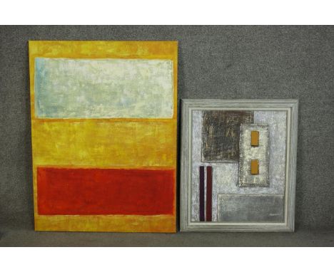 After Rothko, a framed abstract oil on board, signed R. Stokes with a similar unframed oil on board, unsigned. H.102 W.76cm. 