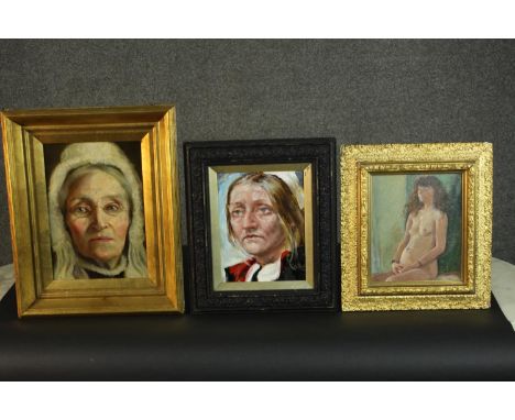 Three framed oil on board portraits, one of an old women, one of a woman in a cloak and a seated pregnant nude, all unsigned.