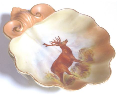 ROYAL WORCESTER BLUSH IVORY. Locke & Co Royal Worcester blush ivory scallop bowl with red deer