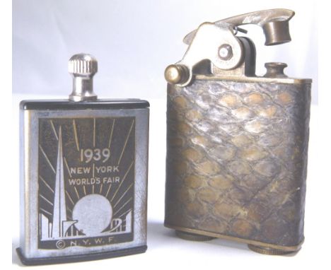 LIGHTER AND MATCH. Vintage snakeskin lighter and 1939 World Fair perpetual match
