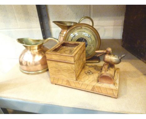 ASSORTED ITEMS. Assorted items including novelty toucan cigarette dispenser, two brass jugs and a barometer