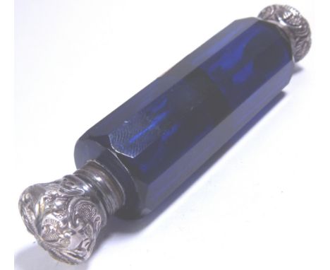 VINTAGE PERFUME BOTTLE. Vintage Bristol Blue double ended perfume bottle with white metal caps CONDITION REPORT: Glass is goo