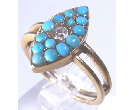 18 CT LOZENGE RING. 18 ct gold turquoise and diamond set lozenge ring