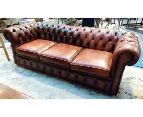 LEATHER CHESTERFIELD. Red leather button back chesterfield settee