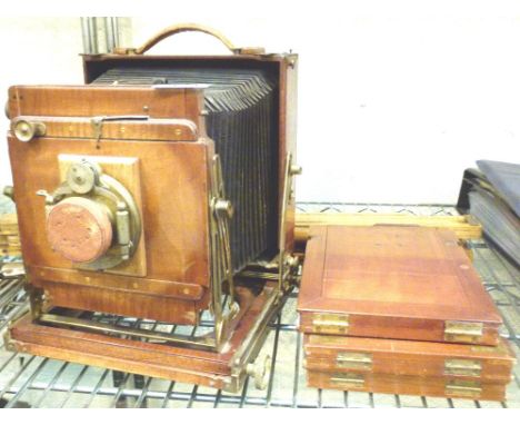 THORNTON PICKARD CAMERA. Thornton Pickard Royal Ruby half plate camera with tripod and plates