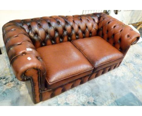 LEATHER CHESTERFIELD. Red leather button back chesterfield settee (option on next lot)