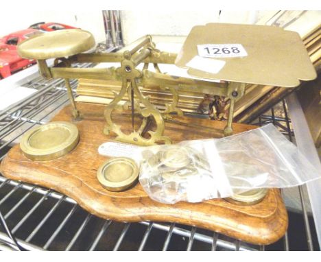 VINTAGE POST OFFICE SCALES. Vintage brass Post Office letter scales c1937, with eight weights and letter rate information
