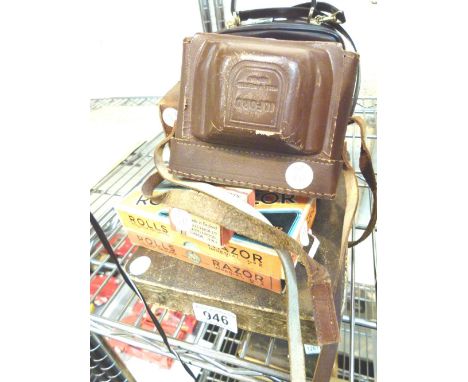 ASSORTED  ITEMS. Two vintage cameras, two boxed rolls razors and a boxed set of silver plated dessert cutlery