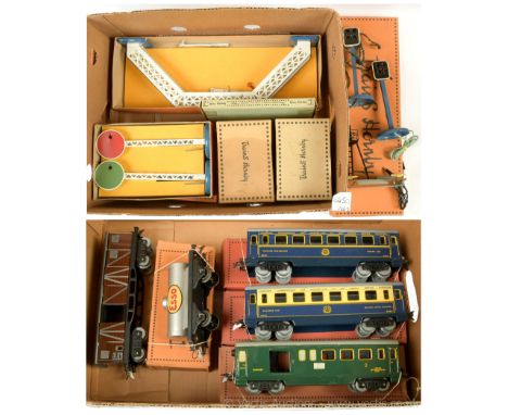 French Hornby O Gauge post-war group of Rolling Stock and Railway Accessories consisting of Wagons-Lits Pullman Cars consisti