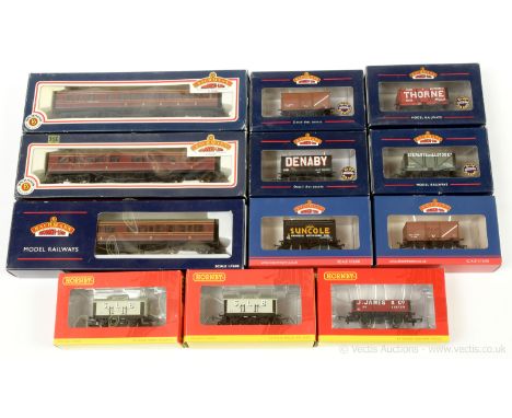 OO Gauge Passenger and Goods Rolling Stock comprising Bachmann 3 x LMS crimson 57' Passenger Coaches (34-251 and 34-252B 1st/