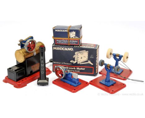 Mamod / Meccano quantity of Live Steam and associated items consisting of a Mamod SA1 Steam Roadster in cream and red, appear