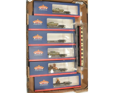 Bachmann OO Gauge 6 x GWR Bogie Well Wagons with non-original loads added (3 with Military Tanks, 2 with Ships Propellers and