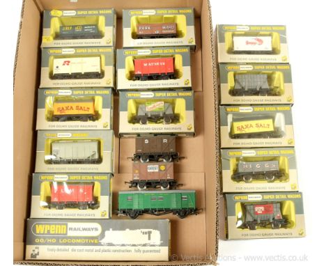 Wrenn Goods Wagons comprising 2 x W4665P Saxa Salt (one deep yellow, the other light yellow), W4625 Bulk Grain, W5030 LMS Ven