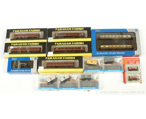 N Gauge Passenger and Goods Rolling Stock comprising Graham Farish (by Bachmann) LMS Passenger Coaches comprising 3 x crimson
