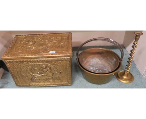 A brass coalbox, two jam pans and a candlestick (5) Condition Report: Available upon request