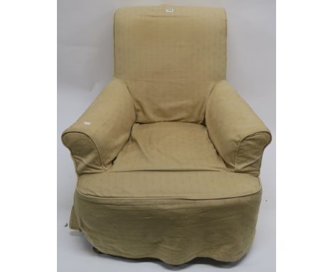 A Victorian upholstered armchair with square tapering legs and ceramic castors, 85cm high Condition Report: Available upon re