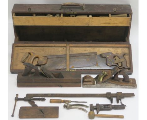 A wooden toolbox with assorted tools Condition Report: Available upon request