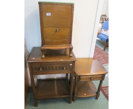 An Ercol side table with single drawer, 55cm high x 48cm wide x 45cm deep , An oak Reprodux side table and a bedside cabinet 