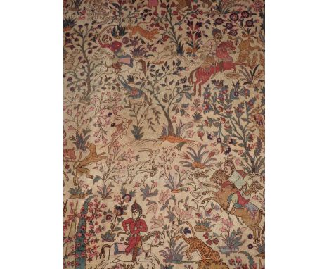 An early 20th century Tabriz style carpet, depicting a hunt 456cm x 340cm

Provenance: Bowdon Old Hall, Cheshire