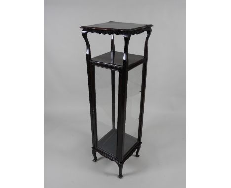 An Edwardian mahogany satinwood banded boxwood and ebony strung floor standing square display cabinet, with open top shelf ra