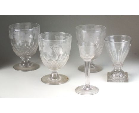 A group of assorted English glassware to include a 19th century rummer with lemon squeezer base, 12.5cm high, three further f