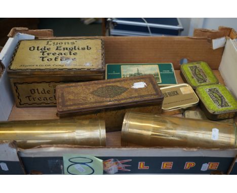 Collection of vintage tins to include 2 trench art shells 
