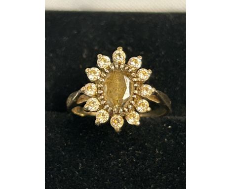 9ct gold ring set with CZ and smokey quartz size I