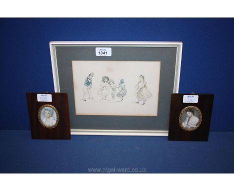 Two Portrait miniatures and a Fashion Print