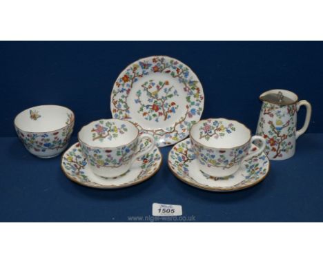 A Spode Copeland Shanghai sugar bowl, jug, two cups and saucers and one plate 