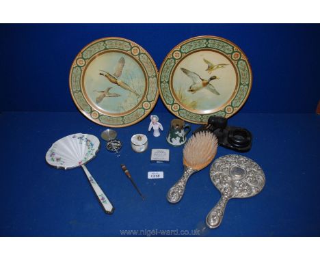 A quantity of miscellanea including two tin plates depicting pheasants and ducks in flight, an ebony ash tray with elephant, 