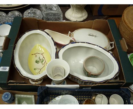 Two large Crown Derby two handled casserole dishes (no lids) together with a Carltonware dish, Wedgwood vase, etc.