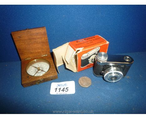 A Petite Camera in case and a small Compass in wooden case
