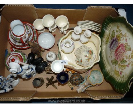 A quantity of china including oriental Teaset, Aynsley vase, Sylvac planter, Wedgwood coffee cups and saucers, some a/f, bras