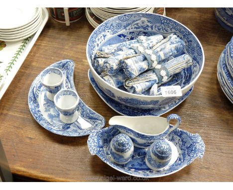 A quantity of blue and white Spode Italian pattern including fruit bowl, napkins, salt and pepper, jug and dishes