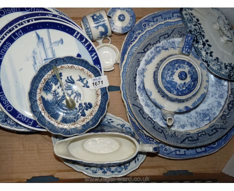 A quantity of blue and white china including plates, gravy boat, Spode pot (some a/f).