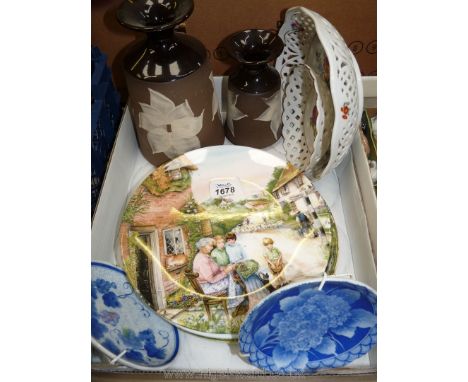 Two pieces of Duster pottery, Dresden floral dish and five 'Old Country Crafts' wall Plates by Royal Doulton, etc.