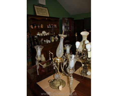 A late 20th c. ornate glass and yellow metal Lamp with three branches and droplets